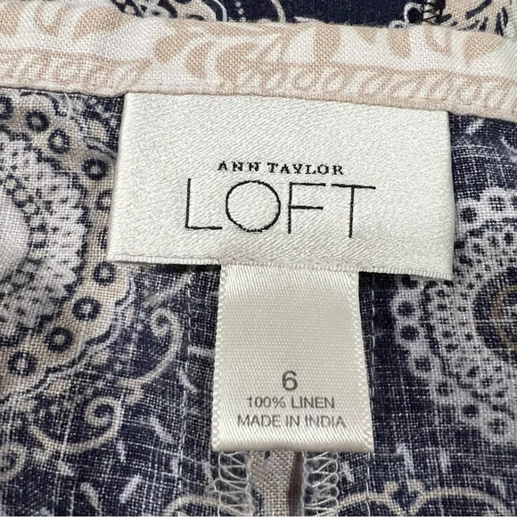 Ann Taylor LOFT Linen A-Line Skirt Navy Blue Cream Paisley SIZE 6 Classic Work - Picture 3 of 13